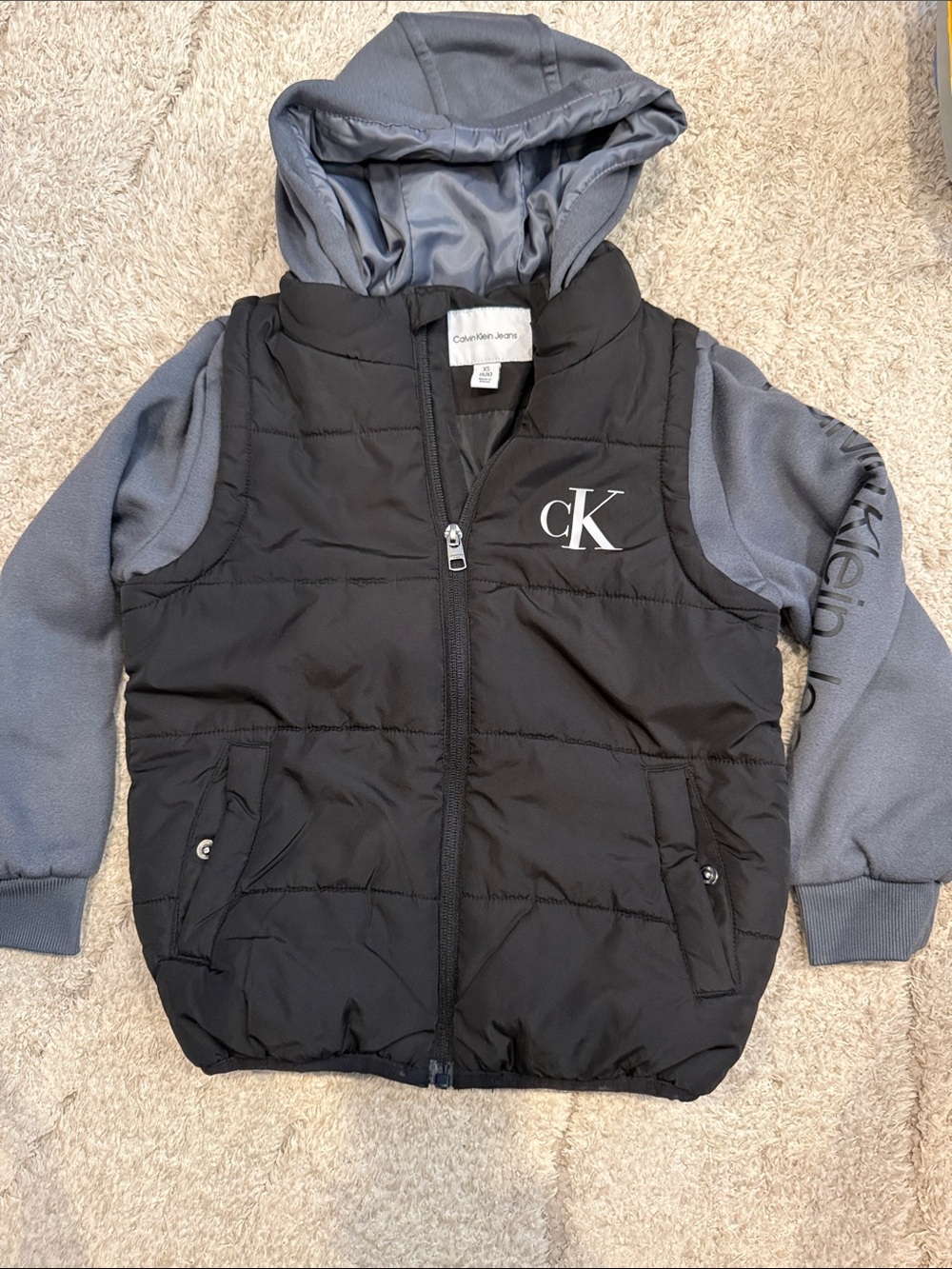 Calvin Klein Black Puffer Vest with Gray Hoodie Sleeves